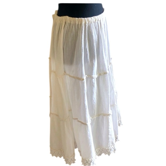 Tiered Maxi Skirt Low Rise w Crochet Hem Elastic Waistband Size fit up to M/L - Picture 1 of 8